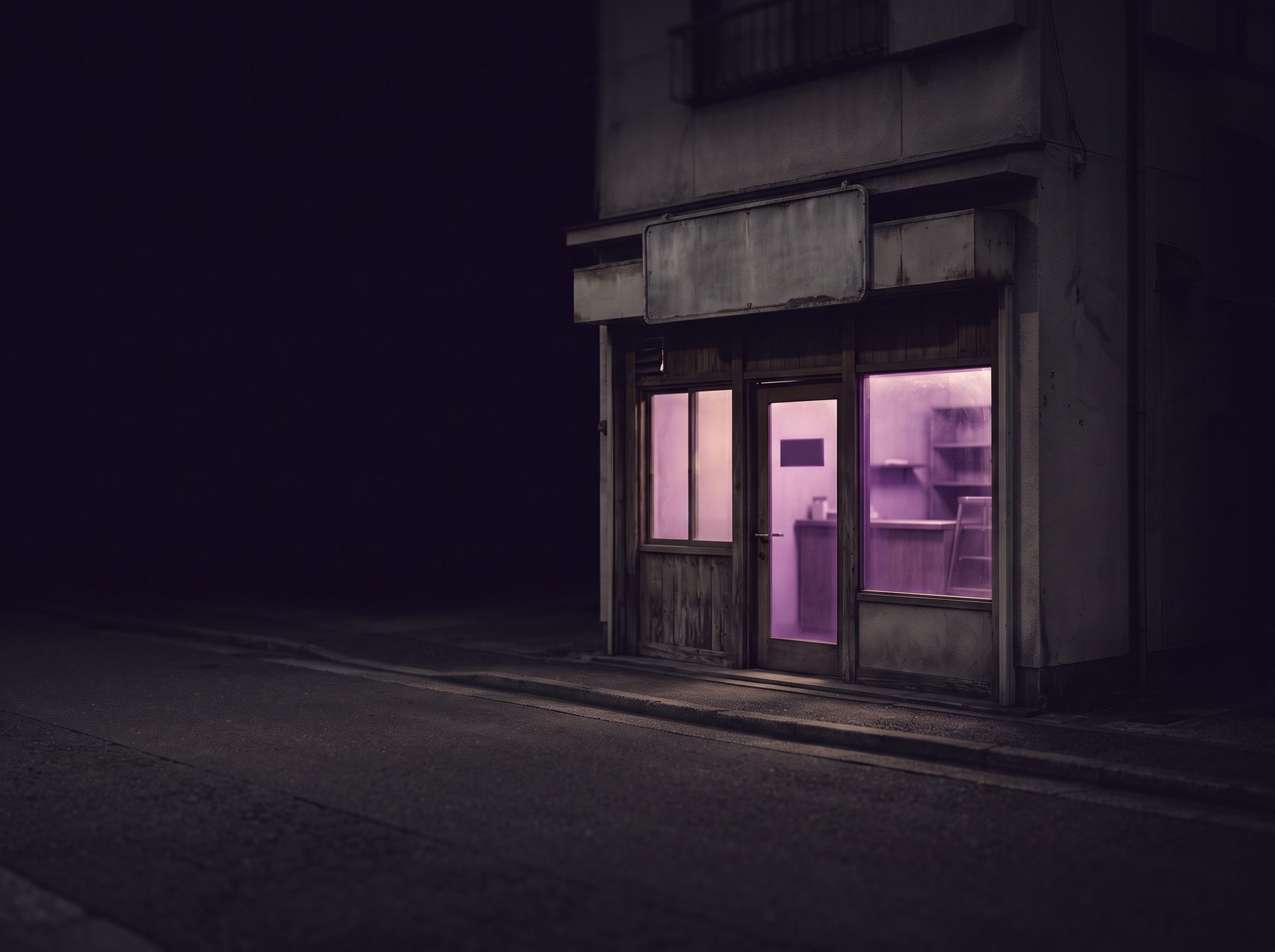 A small storefront at night, its windows the only lit thing on the street.